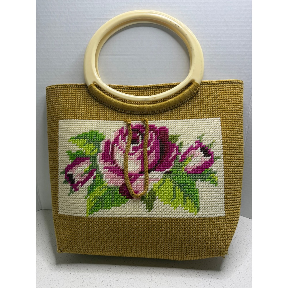Vintage Needlepoint Rose Floral Handbag Mustard Yellow Gold Round Resin Handles